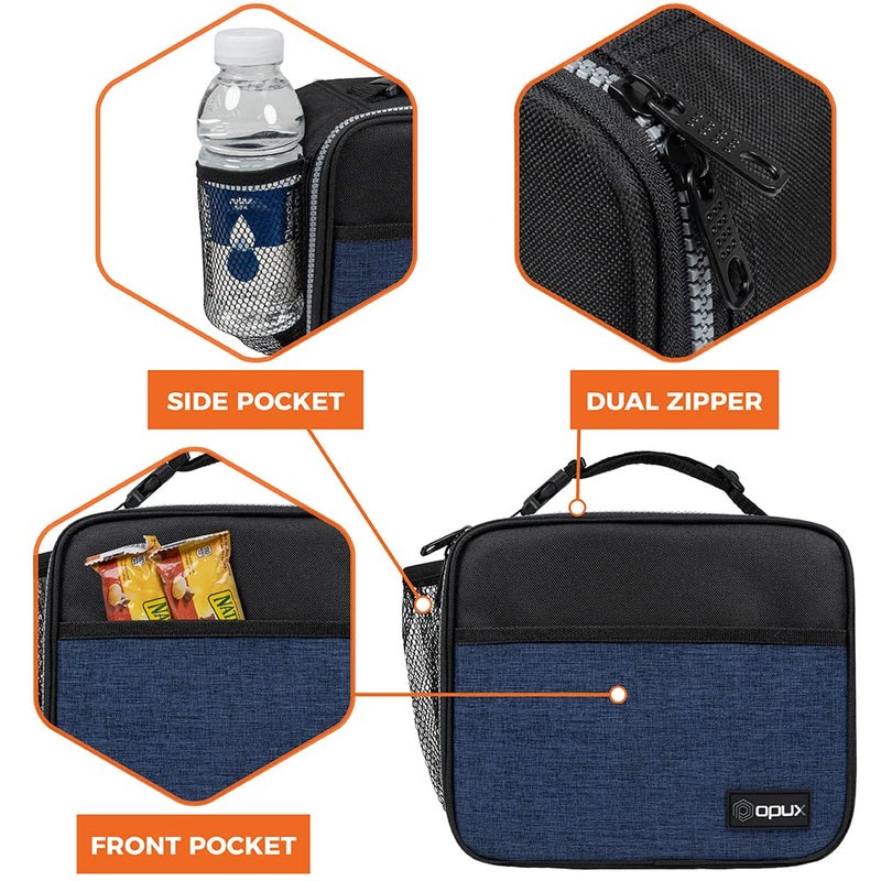 opux Insulated Lunch Bag Kids, Lunch Box for School Boy Girl, Leakproof Small Reusable Compact Soft Mini Cooler Bag, Toddler Small Lunch Boxes Kit Pail with Front Side Pockets (Navy) - Image 4